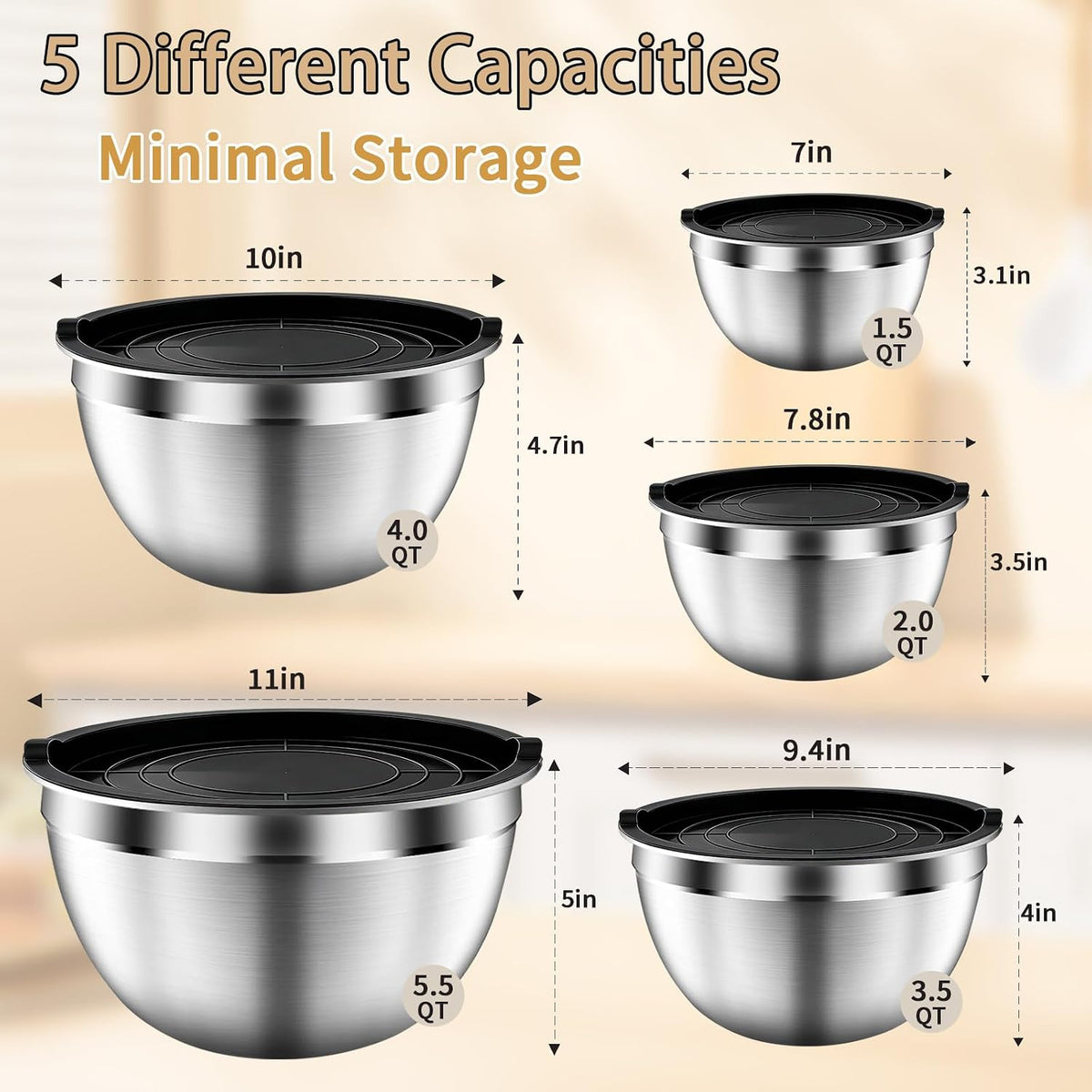 Mixing Bowls with Airtight Lids Set, 5 PCS Stainless Steel Khaki