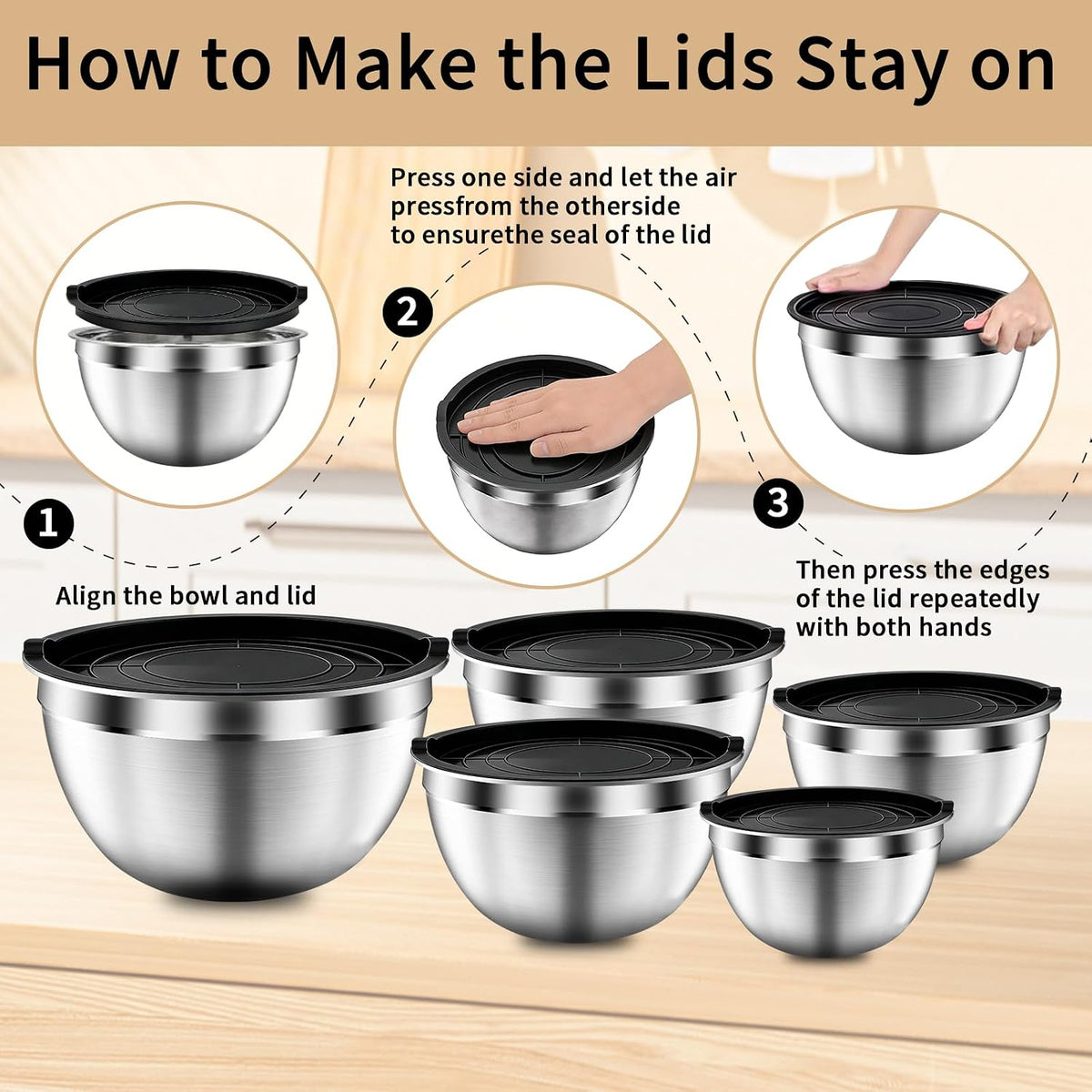 Mixing Bowls with Airtight Lids Set, 5 PCS Stainless Steel Khaki