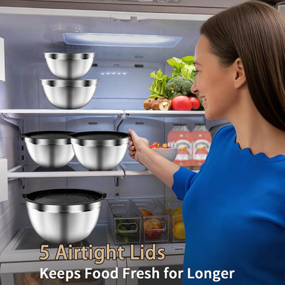 Mixing Bowls with Airtight Lids Set, 5 PCS Stainless Steel Khaki