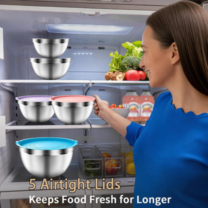 Mixing Bowls with Airtight Lids Set, 5 PCS Stainless Steel Khaki