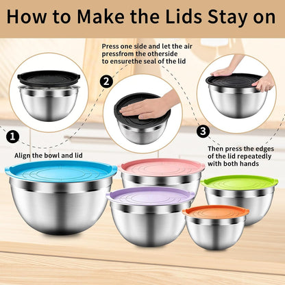 Mixing Bowls with Airtight Lids Set, 5 PCS Stainless Steel Khaki