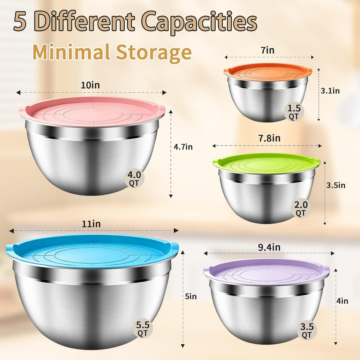 Mixing Bowls with Airtight Lids Set, 5 PCS Stainless Steel Khaki