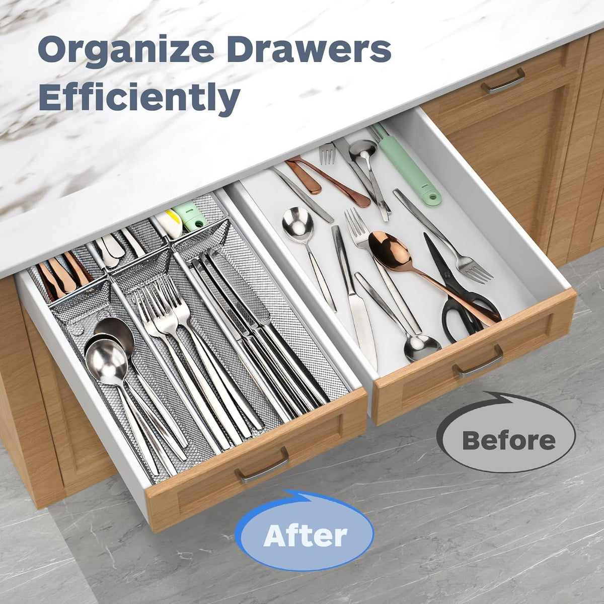 Silverware Drawer Organizer, Silverware Organizer for Drawer, 6 Pack Utensil Organizer for Kitchen Drawers, Kitchen Drawer Organizer for Large Utensils with Interlocking Arm (9.6 * 3 * 2 inch)