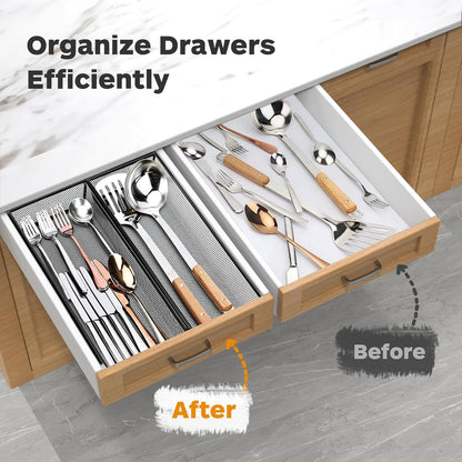 Silverware Drawer Organizer, Silverware Organizer for Drawer, 6 Pack Utensil Organizer for Kitchen Drawers, Kitchen Drawer Organizer for Large Utensils with Interlocking Arm (9.6 * 3 * 2 inch)