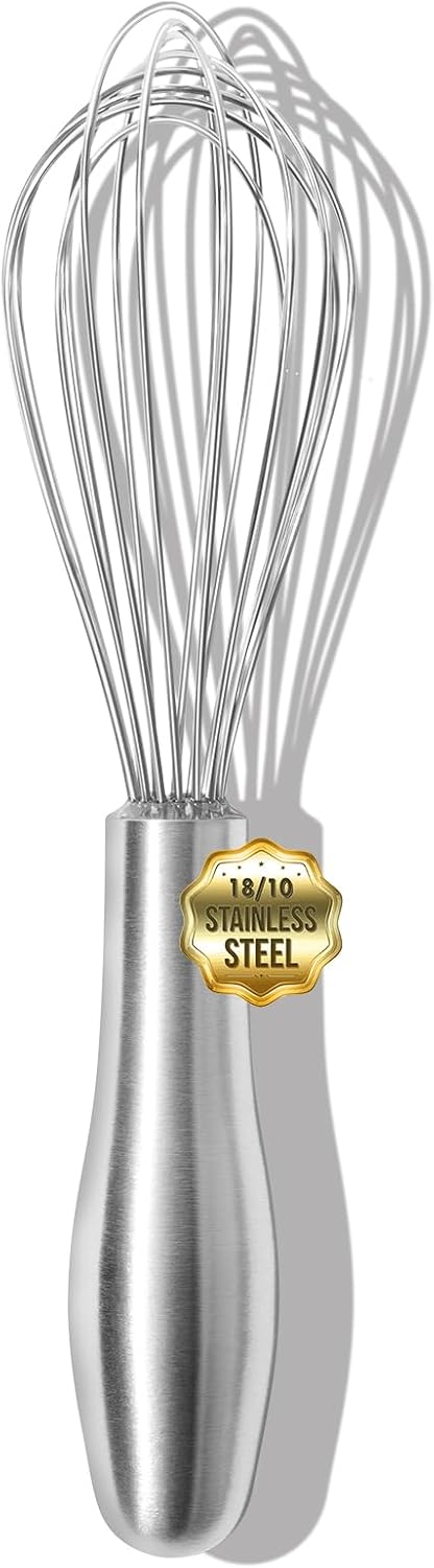 18/10 Stainless Steel Whisk, Ergonomic Handle, Dishwasher Safe Metal Whisk, Professional Wisk for Kitchen Cooking, Perfect for Blending, Whisking, Baking, and Beating, 10-Inch Wire Wisk