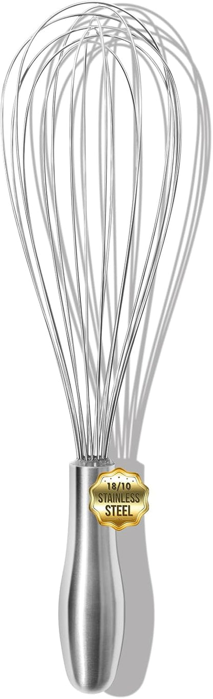 18/10 Stainless Steel Whisk, Ergonomic Handle, Dishwasher Safe Metal Whisk, Professional Wisk for Kitchen Cooking, Perfect for Blending, Whisking, Baking, and Beating, 10-Inch Wire Wisk