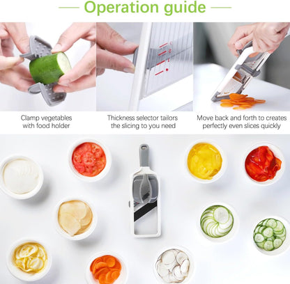 Multi Handheld Mandoline Slicer - Adjustable Stainless Steel Blade | Hand Guard & Peeler Included, 1-4 mm Adjustable,Non-Slip Grip, Easy Rinse Clean, Space Saving, For Salad Stir-Fry Meal Prep