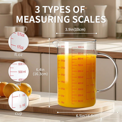 34OZ/1000ML Glass Measuring Cup, 4 Cup Glass Measuring Cups With 3 Scales (Ml/Oz/Cup), High Borosilicate Measuring Cup With Handle and V-Shaped Spout, Dishwasher/Freezer/Microwave Safe