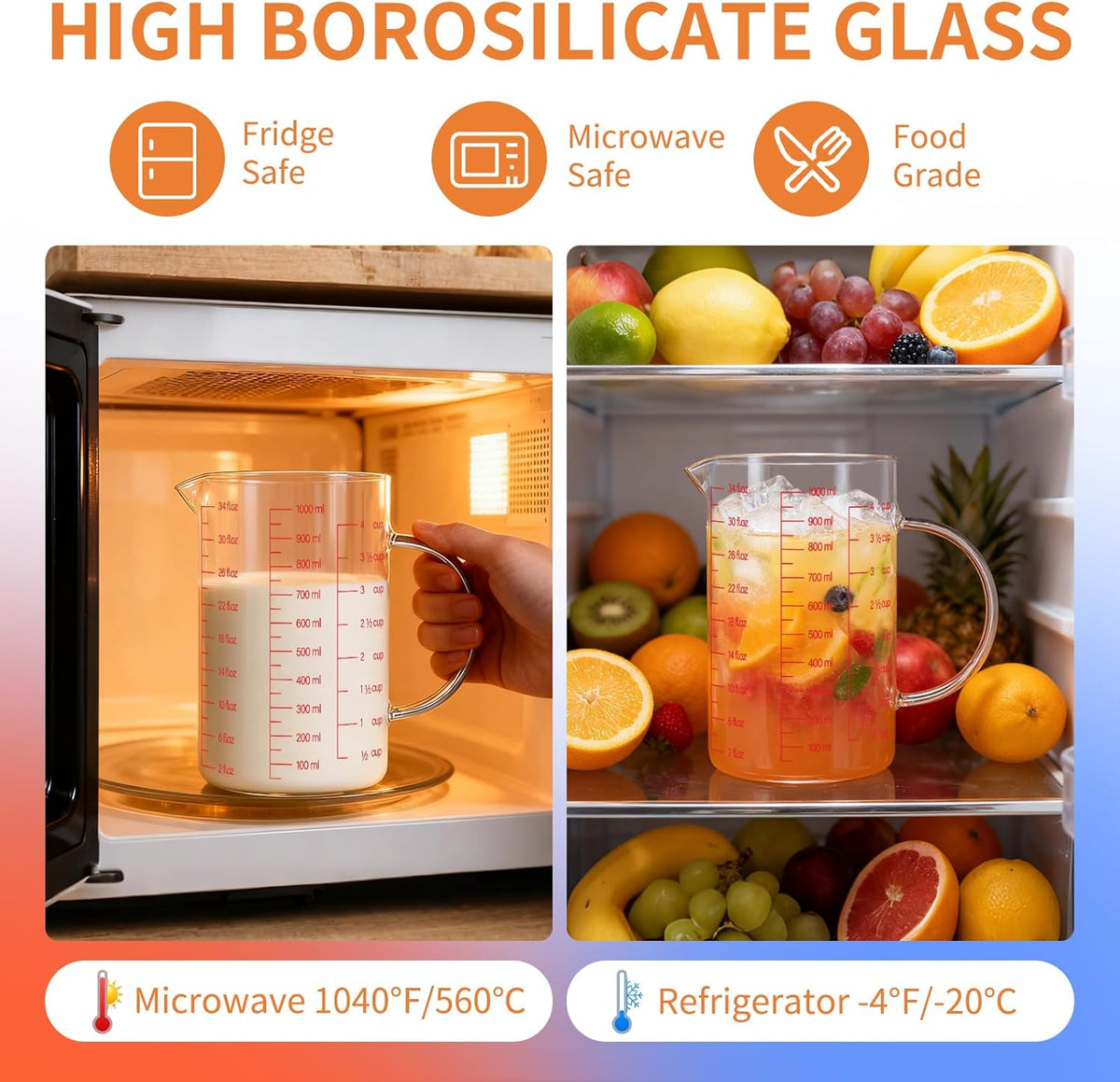 34OZ/1000ML Glass Measuring Cup, 4 Cup Glass Measuring Cups With 3 Scales (Ml/Oz/Cup), High Borosilicate Measuring Cup With Handle and V-Shaped Spout, Dishwasher/Freezer/Microwave Safe