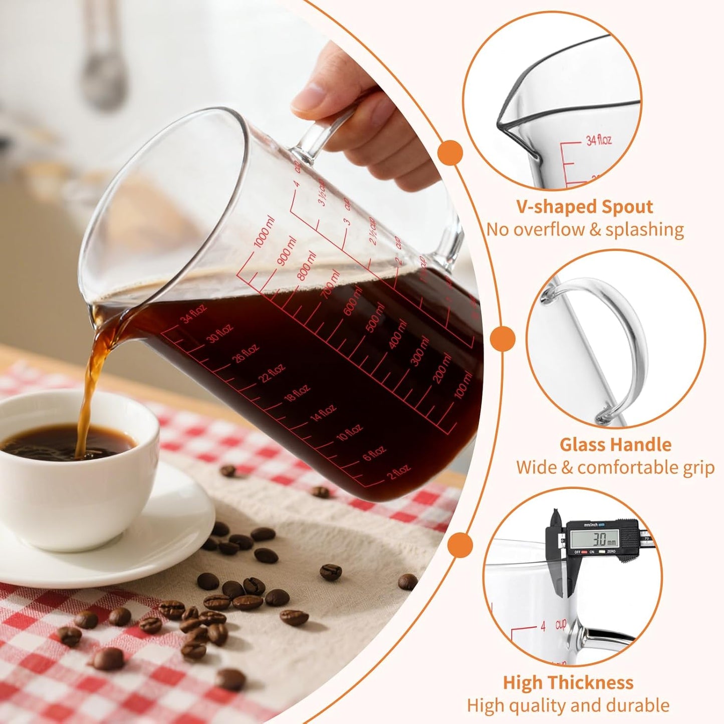 34OZ/1000ML Glass Measuring Cup, 4 Cup Glass Measuring Cups With 3 Scales (Ml/Oz/Cup), High Borosilicate Measuring Cup With Handle and V-Shaped Spout, Dishwasher/Freezer/Microwave Safe