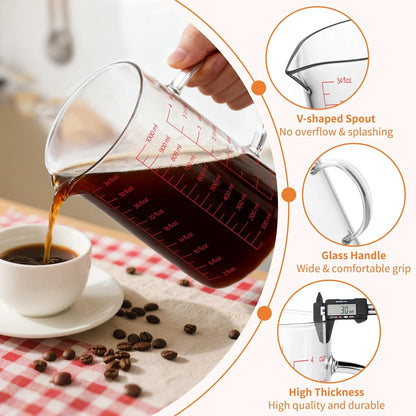 34OZ/1000ML Glass Measuring Cup, 4 Cup Glass Measuring Cups With 3 Scales (Ml/Oz/Cup), High Borosilicate Measuring Cup With Handle and V-Shaped Spout, Dishwasher/Freezer/Microwave Safe