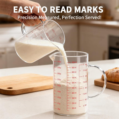 34OZ/1000ML Glass Measuring Cup, 4 Cup Glass Measuring Cups With 3 Scales (Ml/Oz/Cup), High Borosilicate Measuring Cup With Handle and V-Shaped Spout, Dishwasher/Freezer/Microwave Safe
