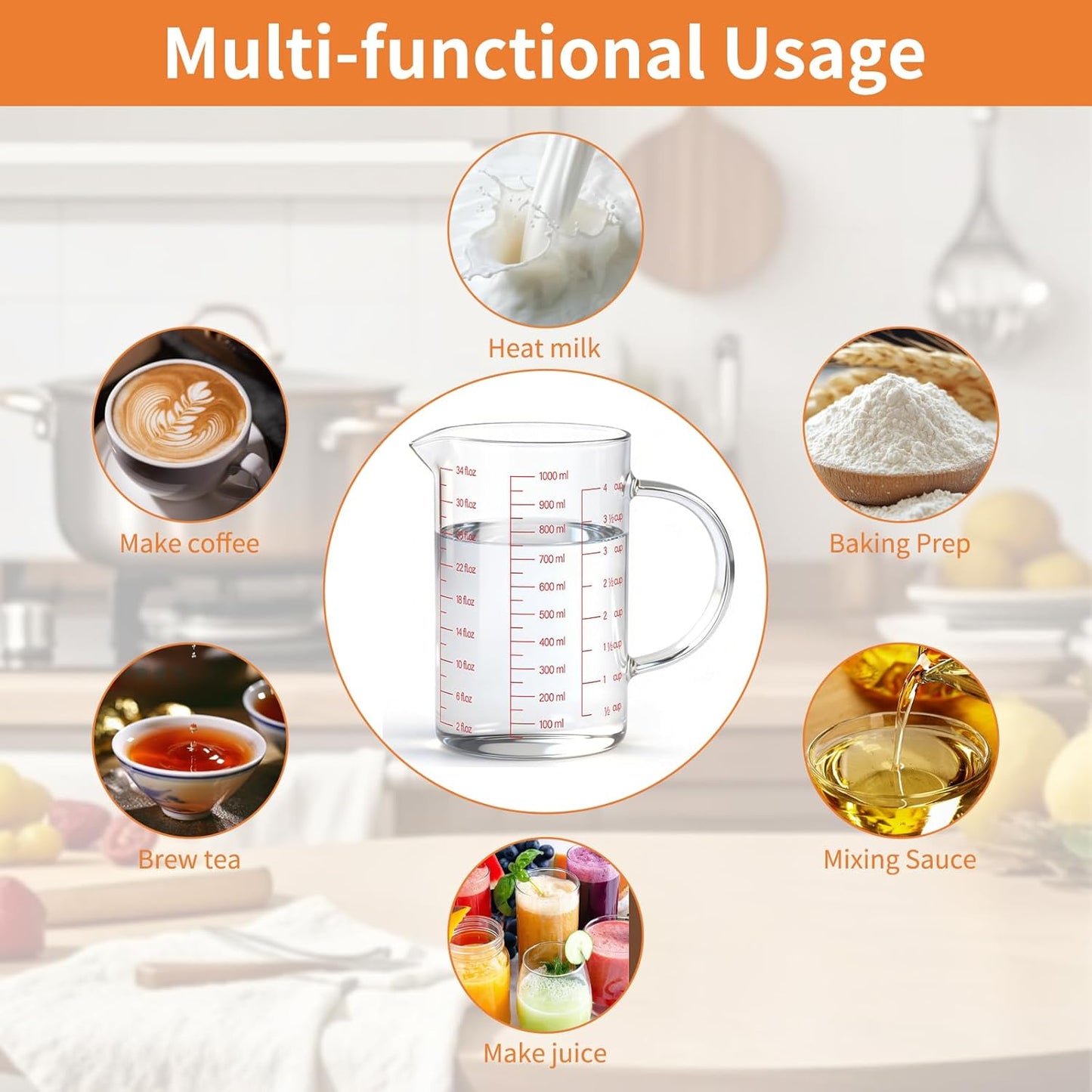 34OZ/1000ML Glass Measuring Cup, 4 Cup Glass Measuring Cups With 3 Scales (Ml/Oz/Cup), High Borosilicate Measuring Cup With Handle and V-Shaped Spout, Dishwasher/Freezer/Microwave Safe