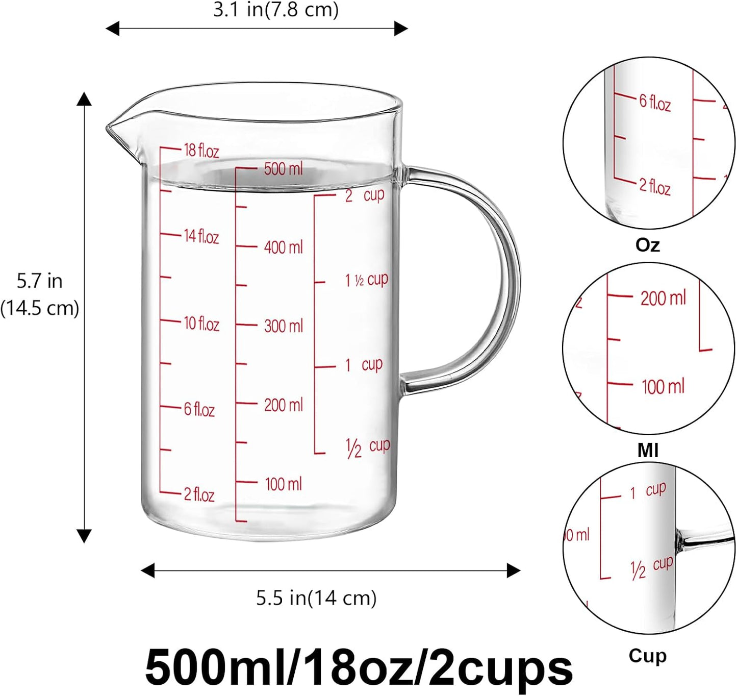 34OZ/1000ML Glass Measuring Cup, 4 Cup Glass Measuring Cups With 3 Scales (Ml/Oz/Cup), High Borosilicate Measuring Cup With Handle and V-Shaped Spout, Dishwasher/Freezer/Microwave Safe