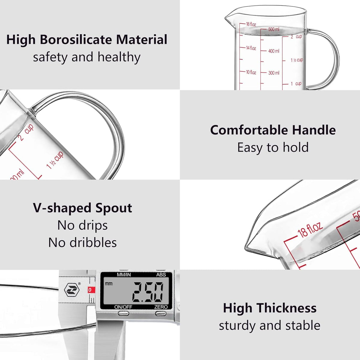 34OZ/1000ML Glass Measuring Cup, 4 Cup Glass Measuring Cups With 3 Scales (Ml/Oz/Cup), High Borosilicate Measuring Cup With Handle and V-Shaped Spout, Dishwasher/Freezer/Microwave Safe