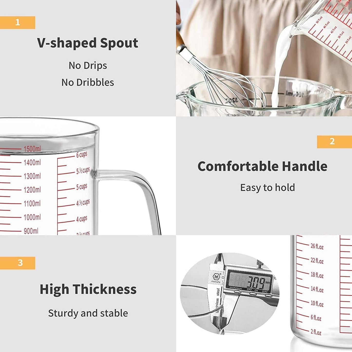 34OZ/1000ML Glass Measuring Cup, 4 Cup Glass Measuring Cups With 3 Scales (Ml/Oz/Cup), High Borosilicate Measuring Cup With Handle and V-Shaped Spout, Dishwasher/Freezer/Microwave Safe