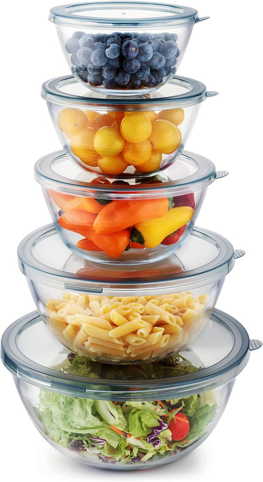 5pc Glass Mixing Bowls with Lids Set (4.65QT, 2.80QT, 1.64QT, 1.16QT, 0.85QT), Nesting Salad Bowl, Large Glass Mixing Bowl for Cooking, Baking, Prepping-Dishwasher Microwave Freezer Safe