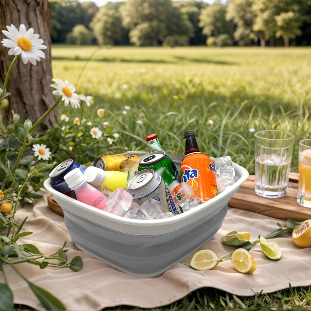 9.45L (2.5 Gallon) Collapsible Tub - Foldable Dish Tub - Portable Washing Basin - Space Saving Plastic Washtub (Grey, M)