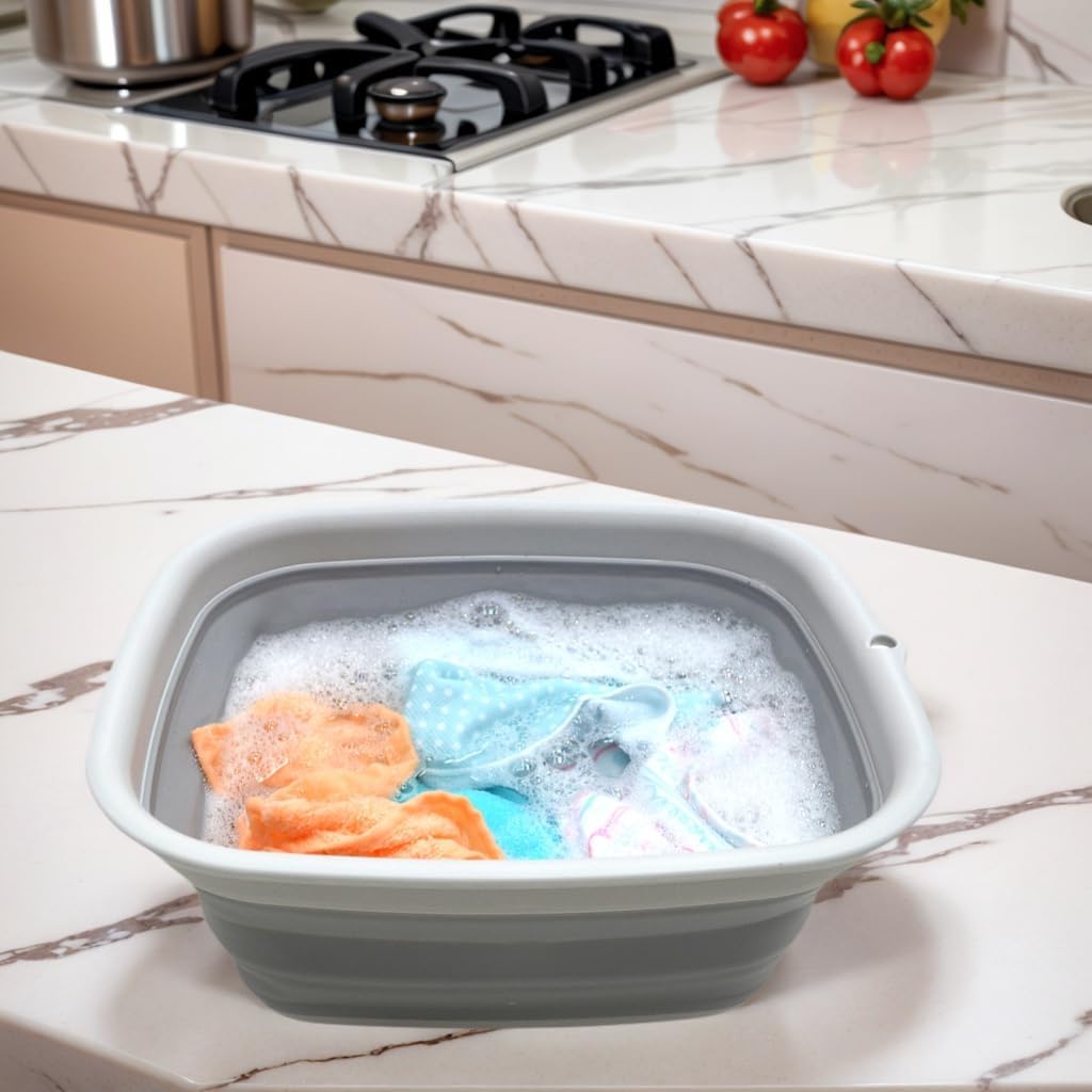 9.45L (2.5 Gallon) Collapsible Tub - Foldable Dish Tub - Portable Washing Basin - Space Saving Plastic Washtub (Grey, M)