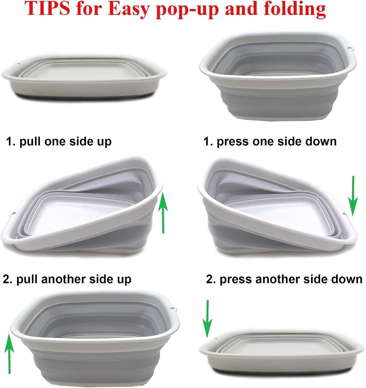 9.45L (2.5 Gallon) Collapsible Tub - Foldable Dish Tub - Portable Washing Basin - Space Saving Plastic Washtub (Grey, M)