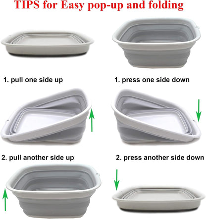 9.45L (2.5 Gallon) Collapsible Tub - Foldable Dish Tub - Portable Washing Basin - Space Saving Plastic Washtub (Grey, M)