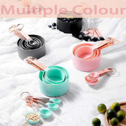 Rose Gold Stainless Steel Handle Measuring Cups and Spoons Set, 8 Piece Stackable Accurate Tablespoon for Measuring Dry and Liquid Ingredients Small Teaspoon with Plastic Head (Pink)