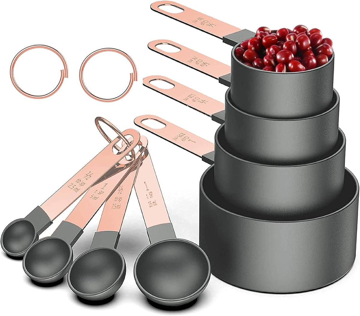 Rose Gold Stainless Steel Handle Measuring Cups and Spoons Set, 8 Piece Stackable Accurate Tablespoon for Measuring Dry and Liquid Ingredients Small Teaspoon with Plastic Head (Pink)