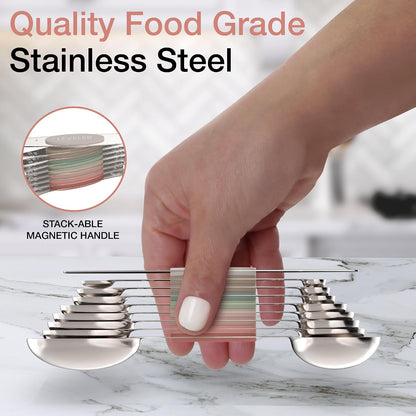 Magnetic Measuring Spoons Set - Stainless Steel, Double Ended, Stackable & Nested Design for Dry and Liquid Ingredients, Ideal for Spice Jars, 9-Piece Set with Leveler (Country Chic)