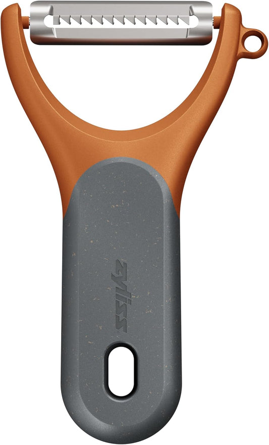 Julienne Y Peeler – Ultra-Sharp Stainless Steel Blade for Carrots, Zucchini & Potatoes – Ergonomic Wheatstraw Grip – Built-in Eye Cutter & Safety Cover – Dishwasher Safe – Orange