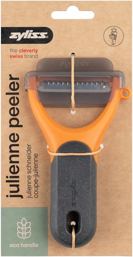 Julienne Y Peeler – Ultra-Sharp Stainless Steel Blade for Carrots, Zucchini & Potatoes – Ergonomic Wheatstraw Grip – Built-in Eye Cutter & Safety Cover – Dishwasher Safe – Orange