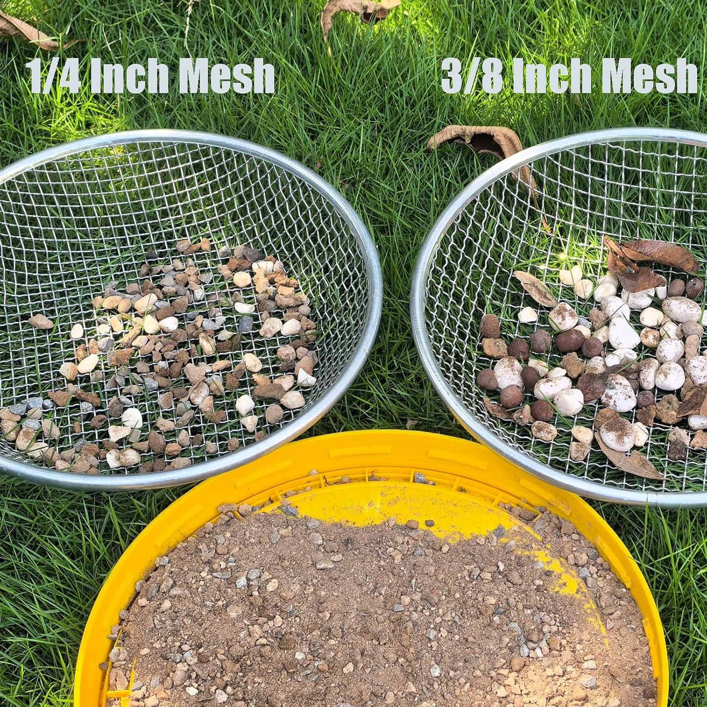 2PCS Gardening Sand Soil Compost Sifter Perfect for 5 Gallon Bucket, 1/4 Inch Mesh, 1/8 Inch Mesh