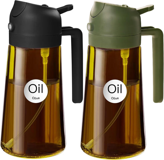 2Pcs 16oz/470ml Dark Brown Oil Sprayer for Cooking with Stickers, Food-grade Premium 2 in 1 Olive Oil Dispenser Bottle for Kitchen Gadgets, Air Fryer, Salad, Frying, BBQ (Black&OliveGreen)