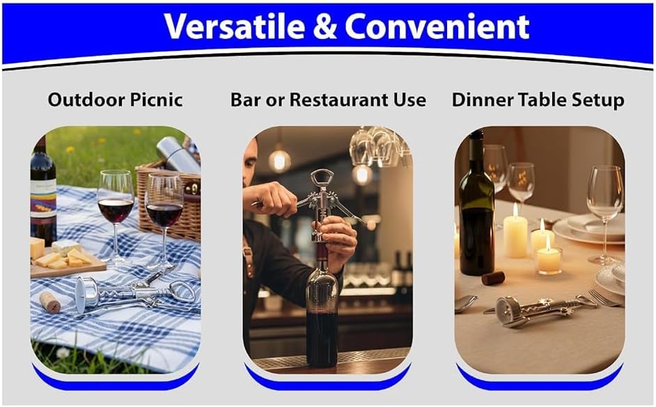 Chrome Wing Style Multifunctional Corkscrew Wine Bottle Opener for all Cork Stoppered and Beer Cap Bottles for use in Kitchen Restaurant Bars for Wine Enthusiast and Waiters