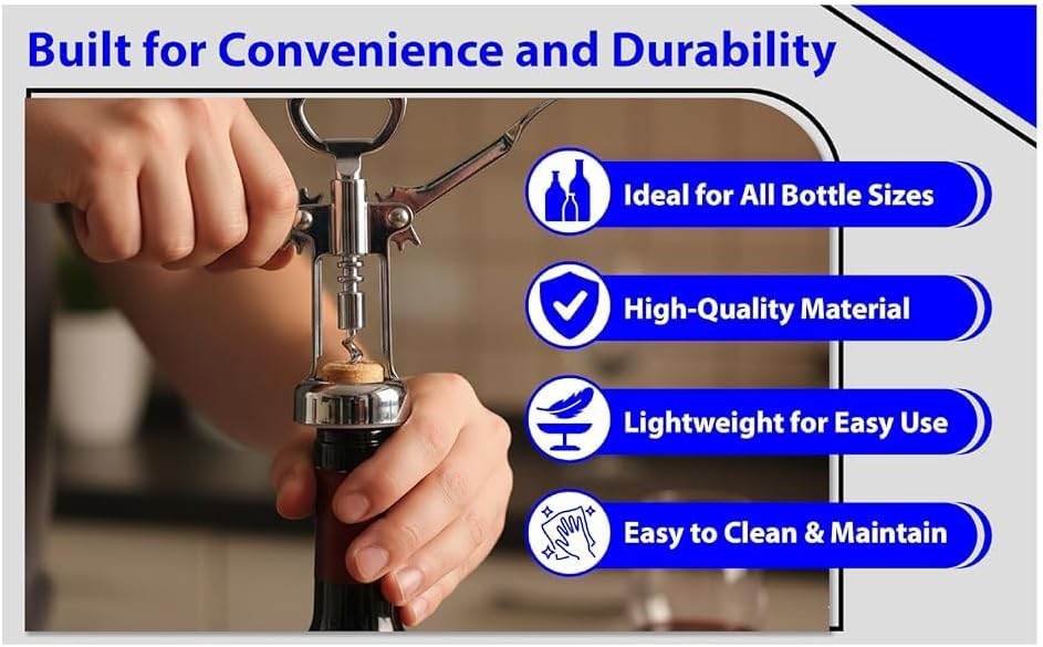 Chrome Wing Style Multifunctional Corkscrew Wine Bottle Opener for all Cork Stoppered and Beer Cap Bottles for use in Kitchen Restaurant Bars for Wine Enthusiast and Waiters