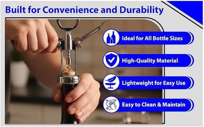 Chrome Wing Style Multifunctional Corkscrew Wine Bottle Opener for all Cork Stoppered and Beer Cap Bottles for use in Kitchen Restaurant Bars for Wine Enthusiast and Waiters