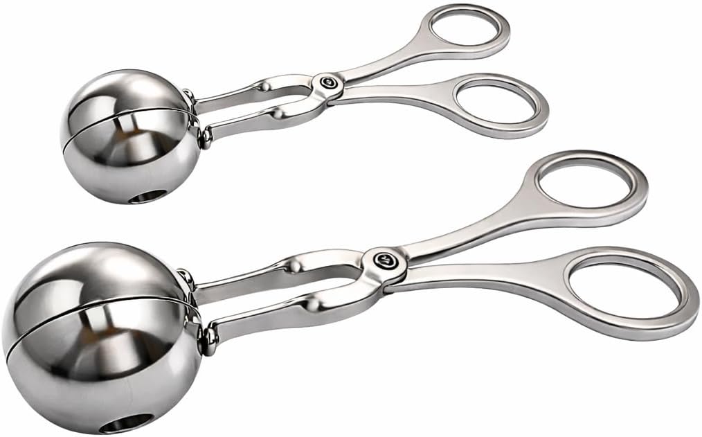 2 Pack Stainless Steel Meatball Shaper Tongs, Food Portion Scoop Set for Ground Meat, Dessert, Frozen Treats, Fruit Balls, Kitchen Utensil, Sizes 1.38" & 1.78"