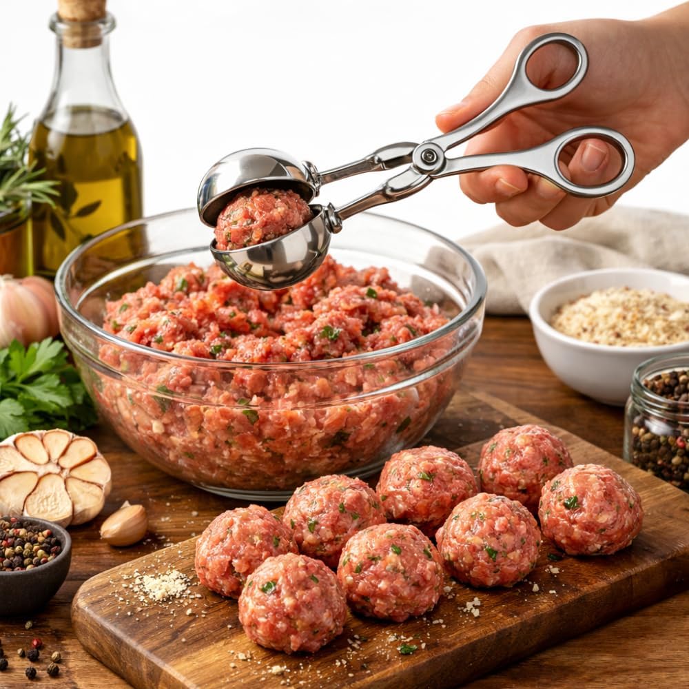 2 Pack Stainless Steel Meatball Shaper Tongs, Food Portion Scoop Set for Ground Meat, Dessert, Frozen Treats, Fruit Balls, Kitchen Utensil, Sizes 1.38" & 1.78"