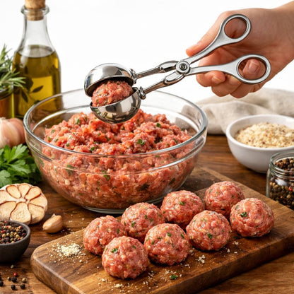 2 Pack Stainless Steel Meatball Shaper Tongs, Food Portion Scoop Set for Ground Meat, Dessert, Frozen Treats, Fruit Balls, Kitchen Utensil, Sizes 1.38" & 1.78"