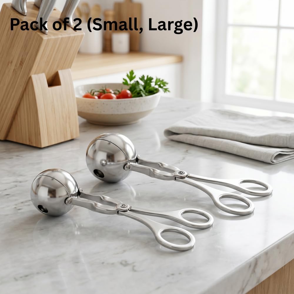 2 Pack Stainless Steel Meatball Shaper Tongs, Food Portion Scoop Set for Ground Meat, Dessert, Frozen Treats, Fruit Balls, Kitchen Utensil, Sizes 1.38" & 1.78"