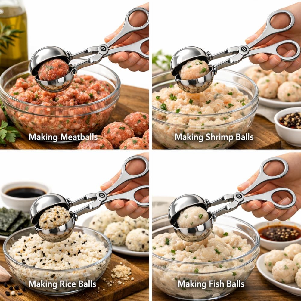 2 Pack Stainless Steel Meatball Shaper Tongs, Food Portion Scoop Set for Ground Meat, Dessert, Frozen Treats, Fruit Balls, Kitchen Utensil, Sizes 1.38" & 1.78"