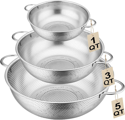 Stainless Steel Colander, 3-Quart Micro-Perforated Metal Colander Strainer with Handle for Kitchen/Draining Pasta/Rinsing Vegetables Fruits,Dishwasher Safe - 8.8 Inches