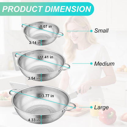 Stainless Steel Colander, 3-Quart Micro-Perforated Metal Colander Strainer with Handle for Kitchen/Draining Pasta/Rinsing Vegetables Fruits,Dishwasher Safe - 8.8 Inches