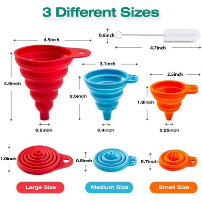 Kitchen Funnel Set 6 Pack - Food Grade Silicone Collapsible Funnel, Funnels for Kitchen Use Filling Bottles, Daily Cooking, and Water or Powder Transfer. (Multicolor)