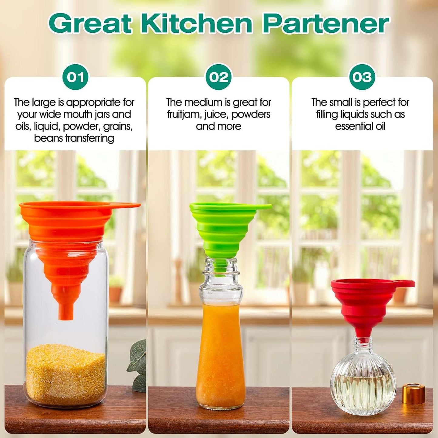 Kitchen Funnel Set 6 Pack - Food Grade Silicone Collapsible Funnel, Funnels for Kitchen Use Filling Bottles, Daily Cooking, and Water or Powder Transfer. (Multicolor)