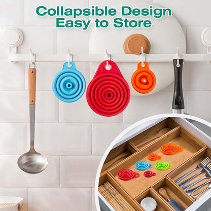 Kitchen Funnel Set 6 Pack - Food Grade Silicone Collapsible Funnel, Funnels for Kitchen Use Filling Bottles, Daily Cooking, and Water or Powder Transfer. (Multicolor)