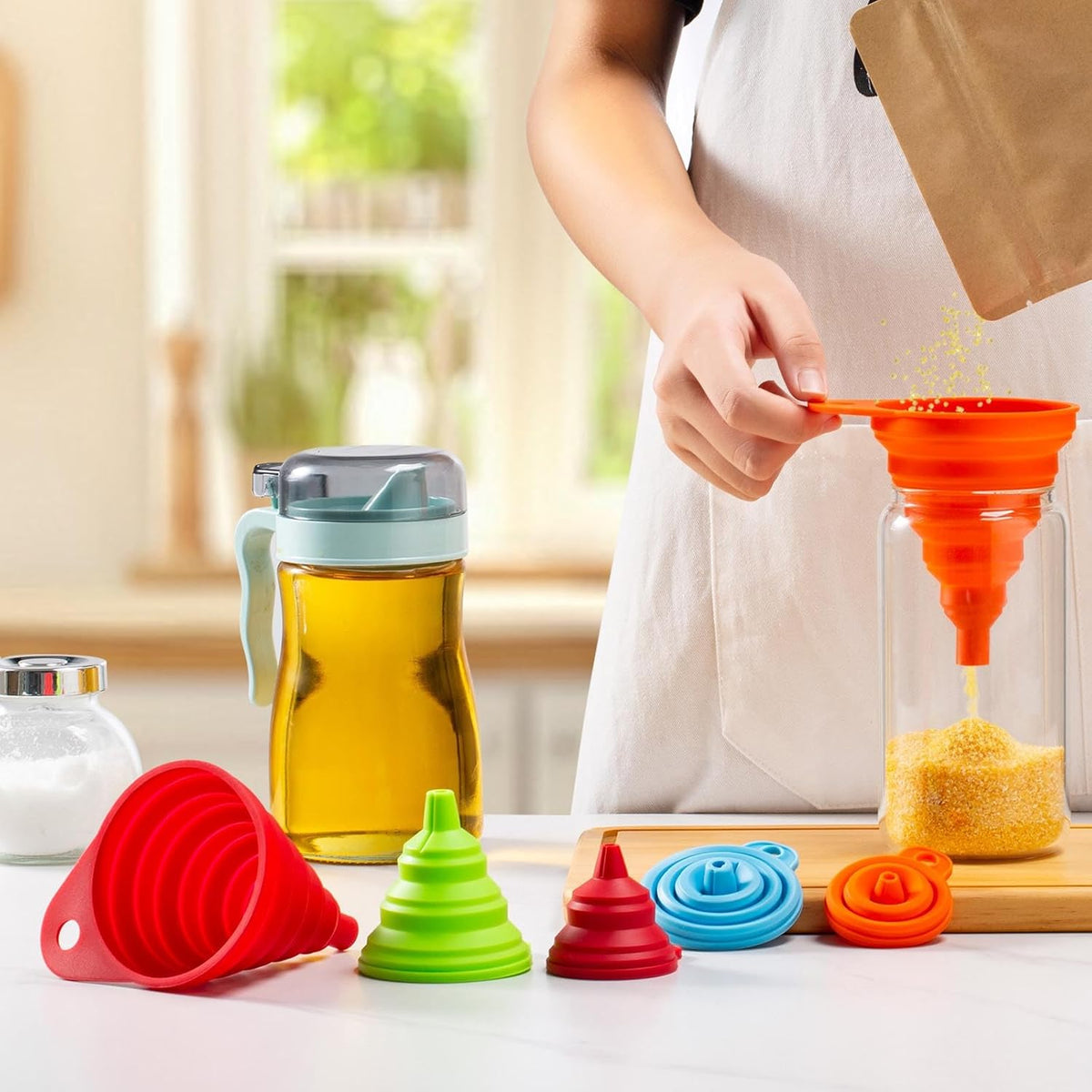Kitchen Funnel Set 6 Pack - Food Grade Silicone Collapsible Funnel, Funnels for Kitchen Use Filling Bottles, Daily Cooking, and Water or Powder Transfer. (Multicolor)