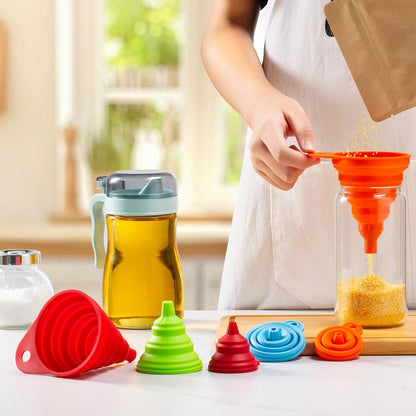 Kitchen Funnel Set 6 Pack - Food Grade Silicone Collapsible Funnel, Funnels for Kitchen Use Filling Bottles, Daily Cooking, and Water or Powder Transfer. (Multicolor)