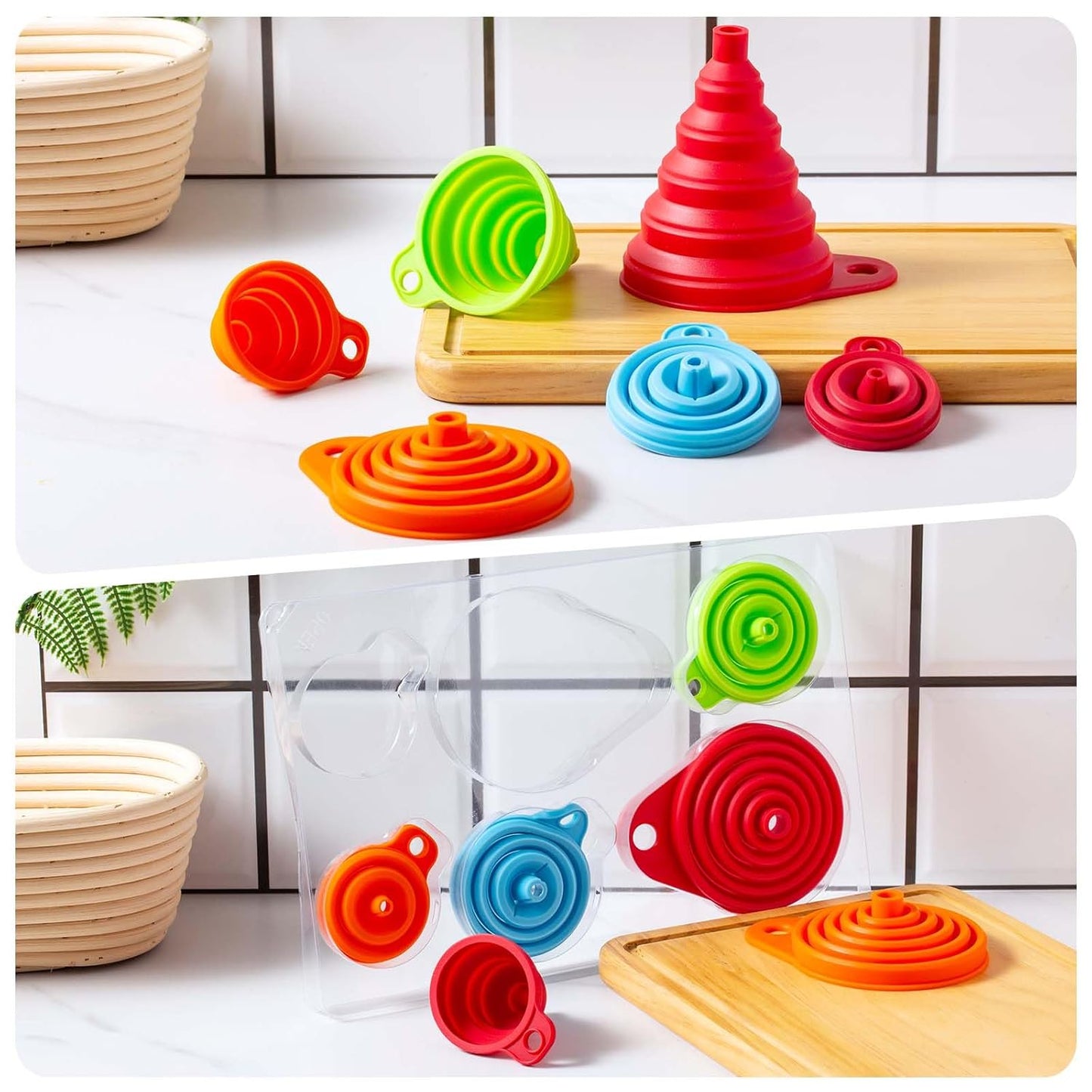 Kitchen Funnel Set 6 Pack - Food Grade Silicone Collapsible Funnel, Funnels for Kitchen Use Filling Bottles, Daily Cooking, and Water or Powder Transfer. (Multicolor)