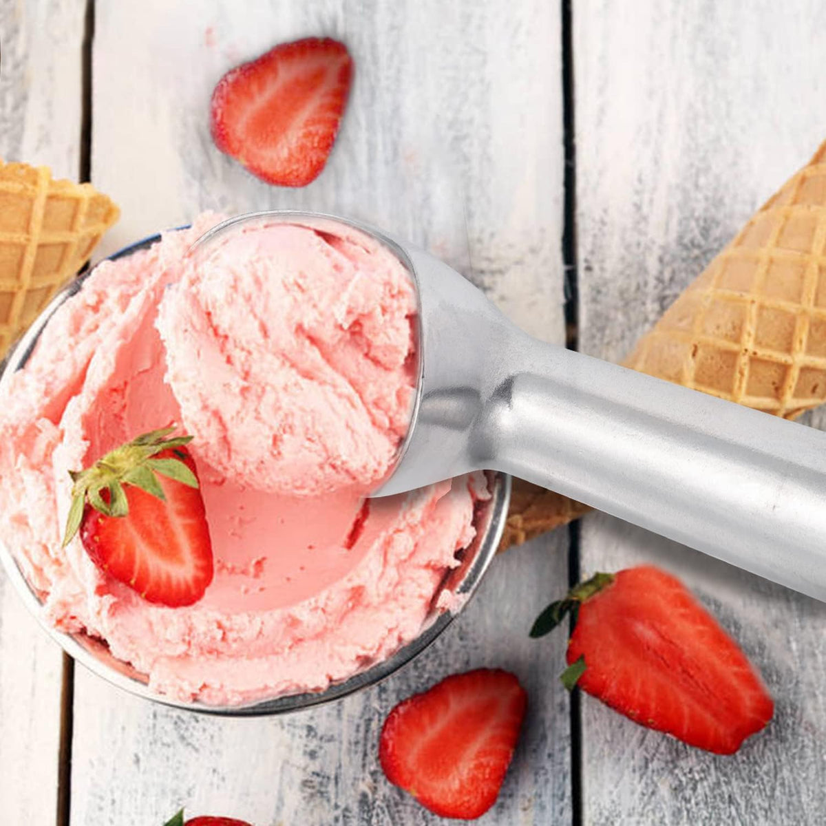 Pimoys Ice Cream Scoop, 7 Inch Aluminum, Nonstick, Bright Silver | One-piece aluminum, anti-freeze handle, cuts hard ice cream, gelato & sorbet, hand wash only