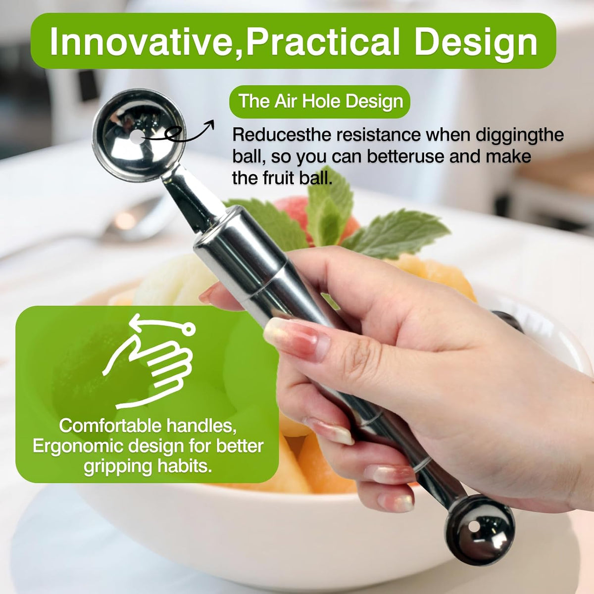Double-Ended Fruit & Ice Cream Scoop – Stainless Steel Melon Baller and Parisienne Scoop (30mm)